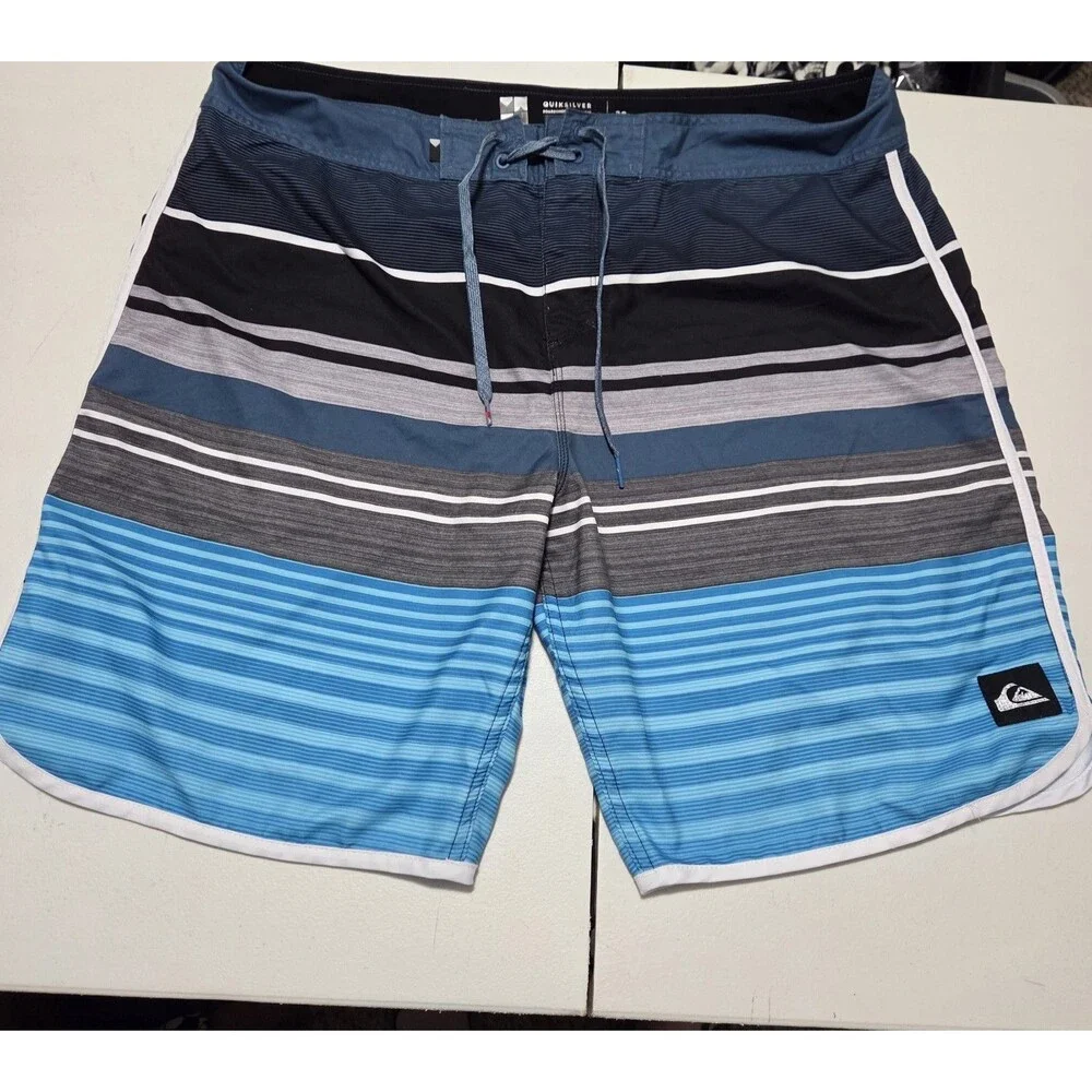 Quiksilver Men Boardshorts Size 38 Striped Swim Trunks Blue Black Grey Hook Loop